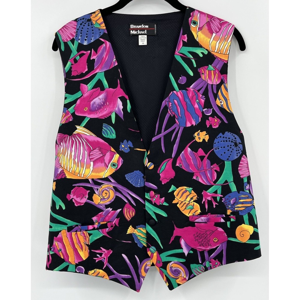 Vintage Brandon Michael Vest Medium Novelty Tropical Fish Black Multi USA Made